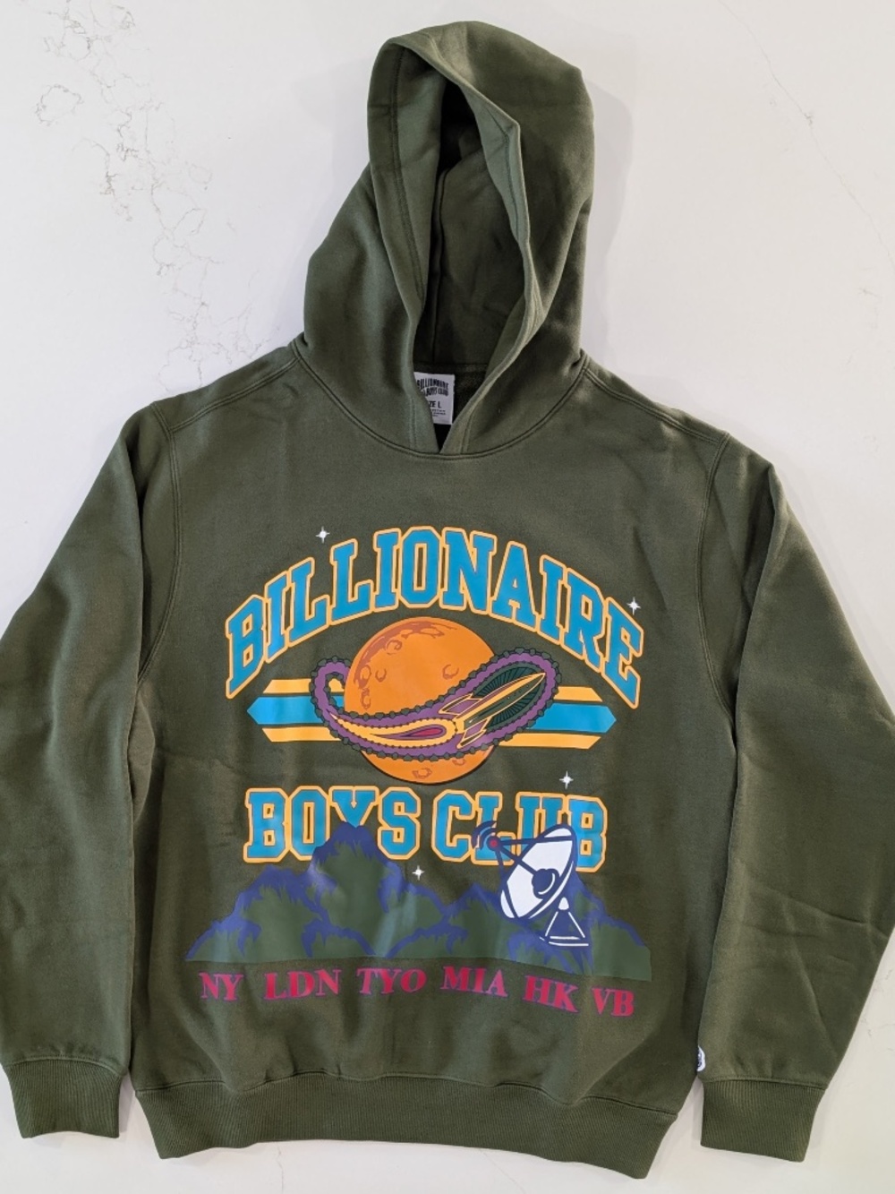 BBC Billionaire Boys Club Globe Hoodie Size L Olive Green Zipper Pockets New